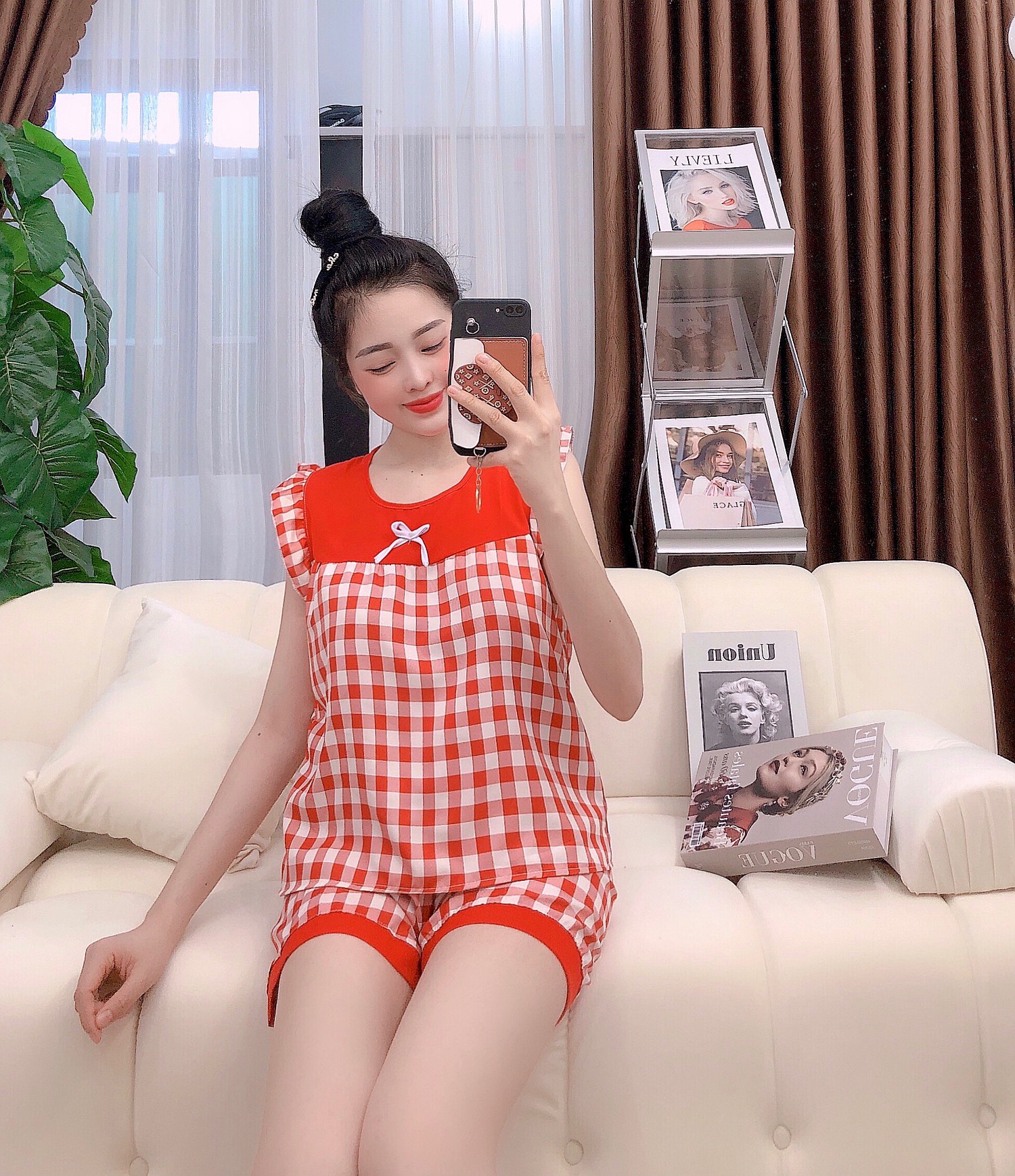 ĐỒ BỘ CARO NGẮN CÁNH TIÊN VẢI KATE LỤA THOÁNG MÁT FREESIZE DƯỚI 56KG