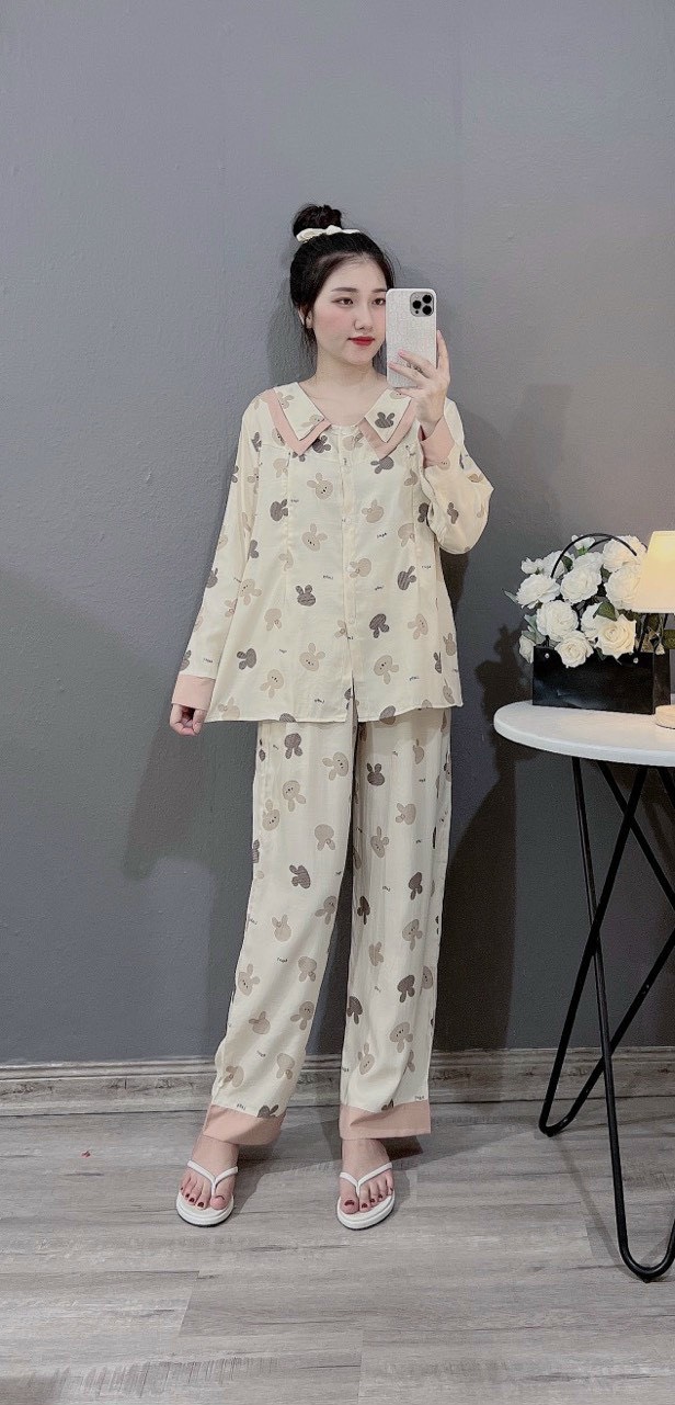 bộ bầu sau sinh, bộ dài bầu chất đũi xước cổ nhọn