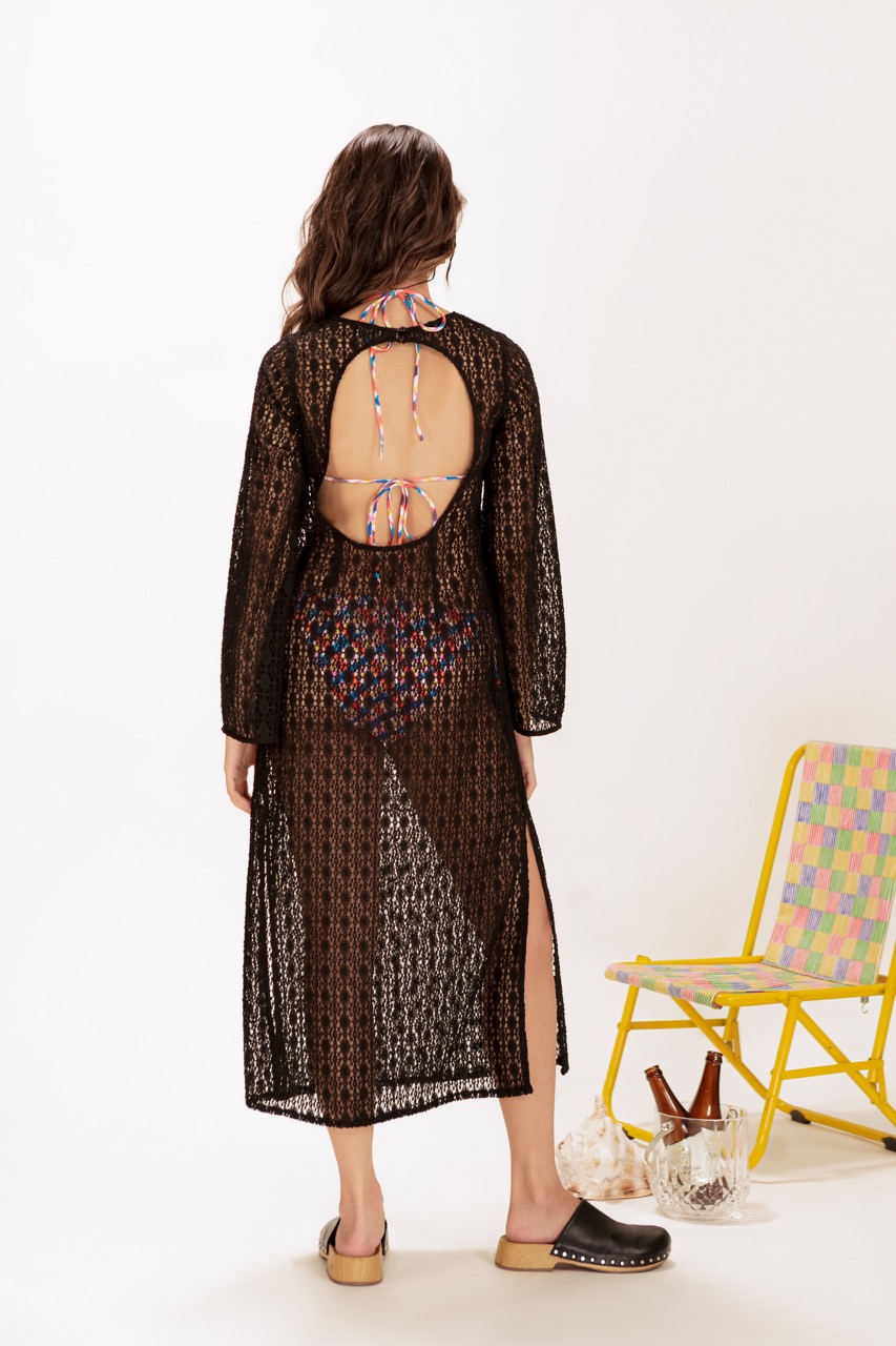 LIBÉ - Đầm crochet dài dáng suông tay dài màu đen