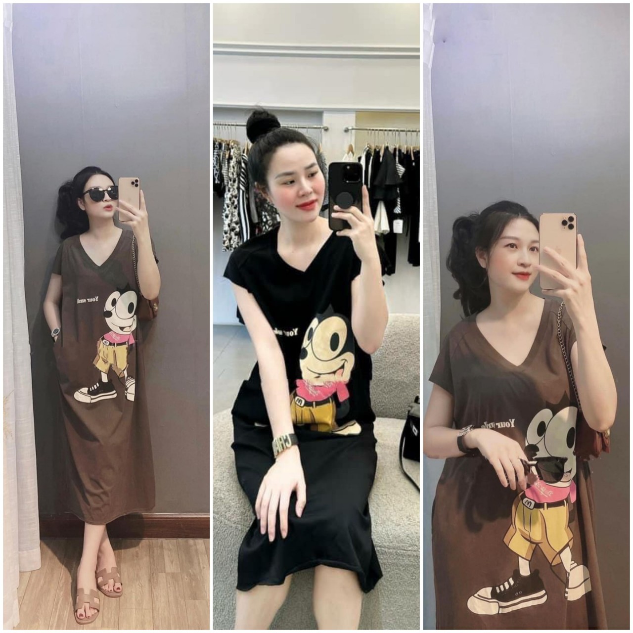 váy suông cộc tay cổ tim dáng dài xẻ tà in chữ LA cá tính | Shopee Việt Nam