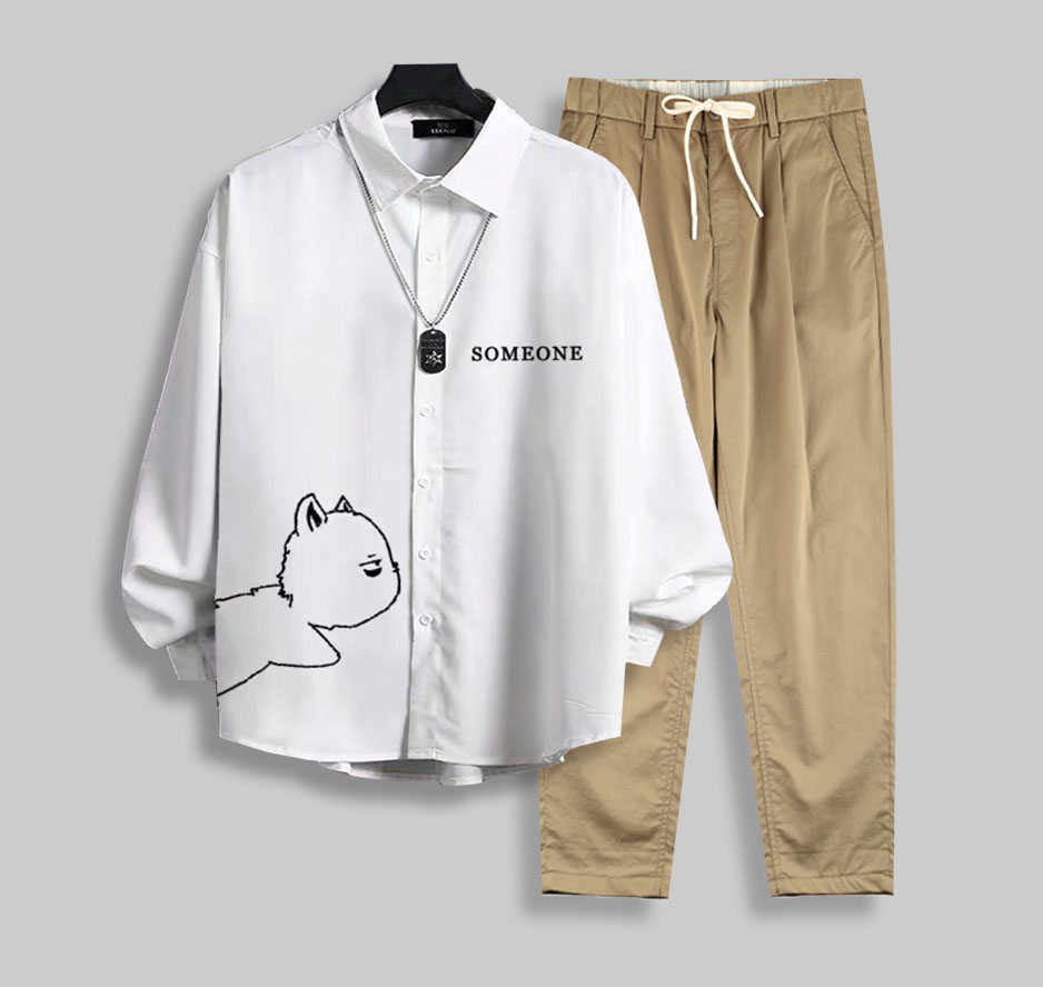 Bộ Quần Áo Nam Áo Sơ Mi Dài Tay Cổ Ve In Hình Mèo Họa Tiết Chữ SOMEONE Quần Kaki Basic Có Túi Trẻ Trung Thời Trang August SO MI NAM 1000023 + QUAN NAM 1000060