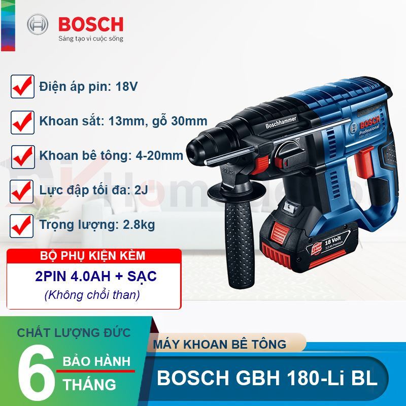 Máy khoan búa dùng pin Bosch GBH 180-LI BL (Brushless) Động cơ DC + Quà tặng nhiệt kế điện tử