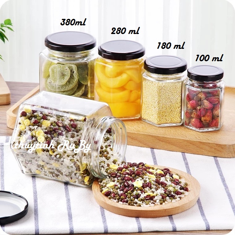Hũ Lọ Thủy Tinh Đựng Thực Phẩm Lục giác 280ml, Hủ Đựng mật ong, Lọ Gia vị lục lăng, Lọ thủy tinh 5 cạnh đựng bột nghệ, lo dung thuc pham kho