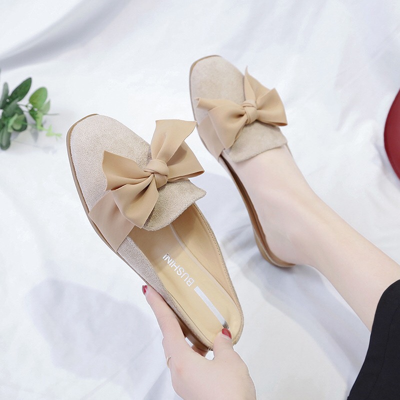 [ ẢNH THẬT+ CLIP] giày sục nữ, sục mũi vuông da lộn thắt nơ siêu đẹp