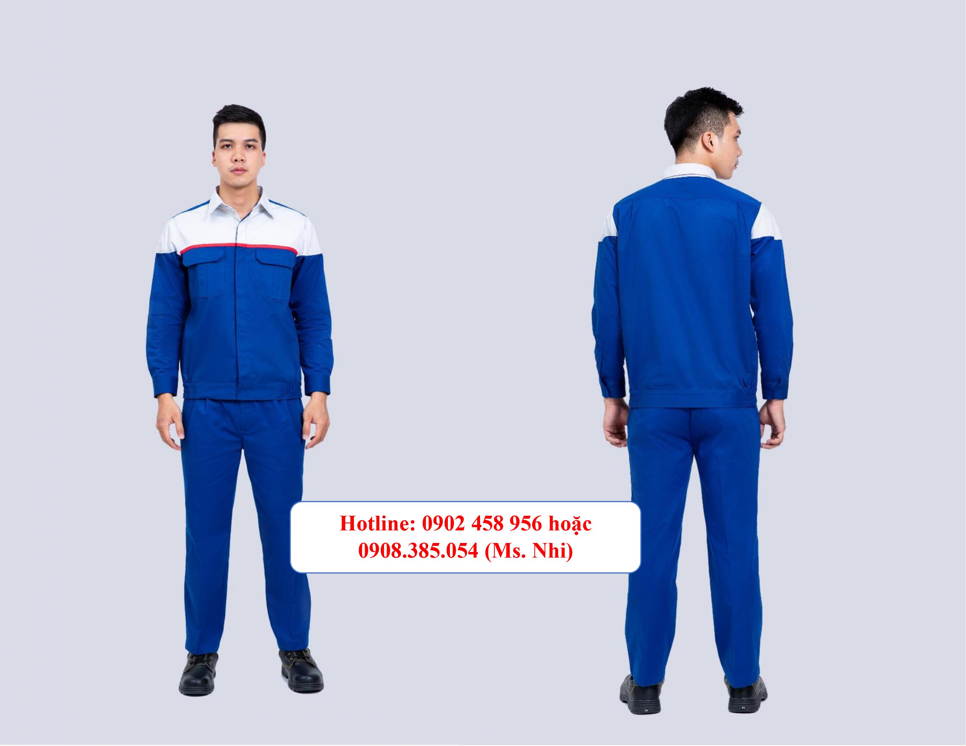 Quần áo bảo hộ lao động vải kaki thoáng mát màu xanh phối trắng dn04