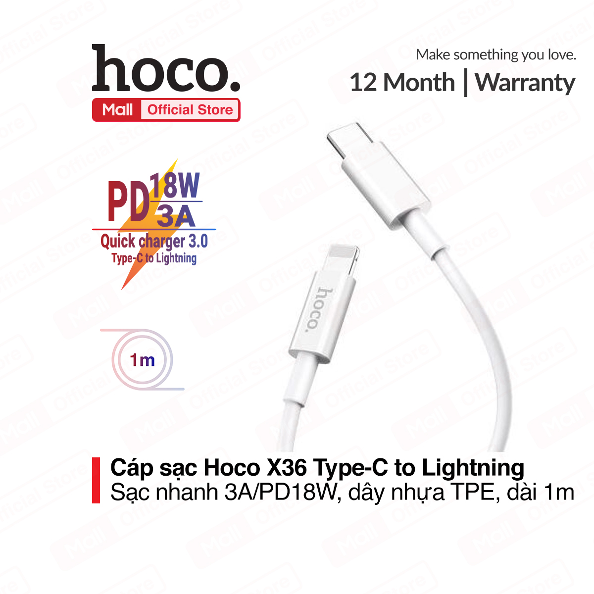 Cáp sạc nhanh Type-C to Lightning Hoco X36 hỗ trợ sạc nhanh 3A và PD18W cao cấp dây dài 1m