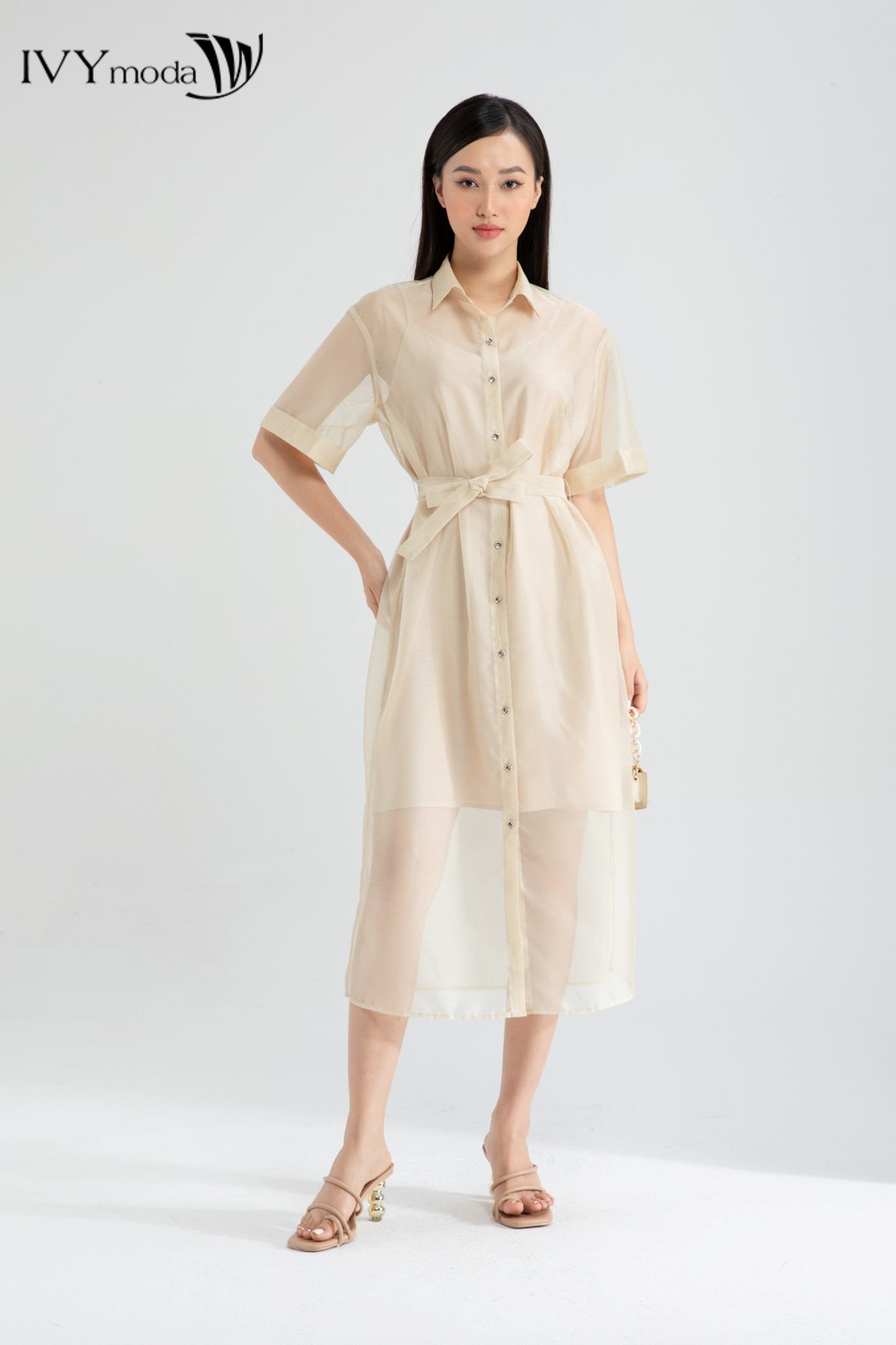 Đầm lưới dáng sơ mi cổ đức thiết kế IVY moda MS 48M6353