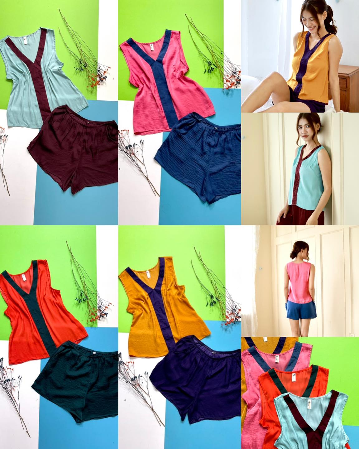 Bộ lụa đùi phối nẹp mặc nhà không tay Infashion