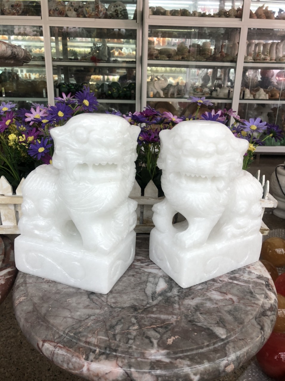 Cặp tượng Kỳ Lân phong thủy đá cẩm thạch trắng - Cao 20 cm