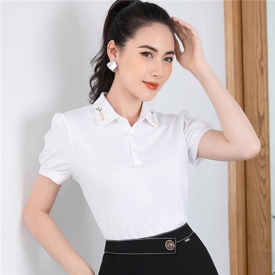 [HCM]Áo thun trắng cổ polo thêu hoa