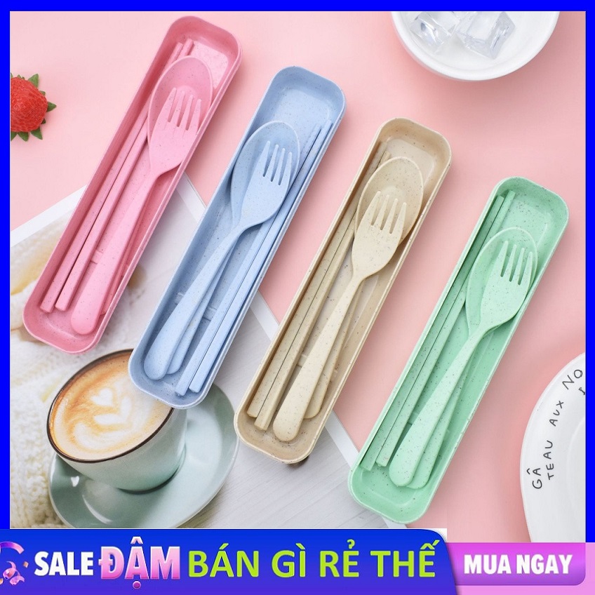 Bộ hộp 3 món đũa, thìa , dĩa bằng lúa mạch màu pastel có hộp đựng , an toàn bảo vệ môi trường - set thìa, dĩa, đũa 3 chi tiết lúa mạch , mang du lịch , cắm trại đa năng