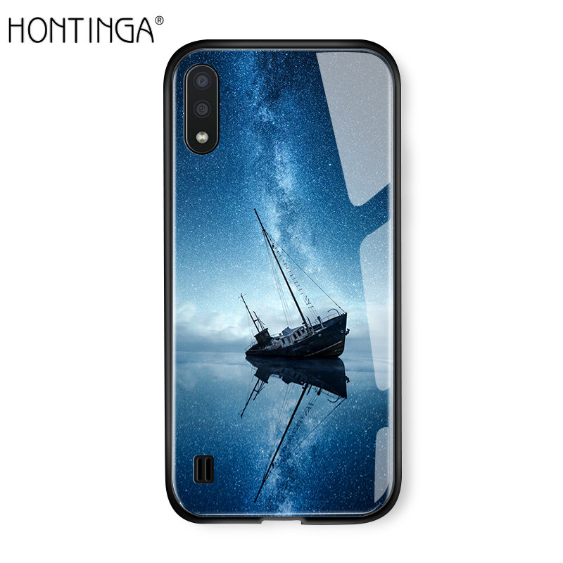 Hontinga For SAMSUNG A01 Case Aurora Galaxy Space Sky Starry Gradient Casing handPhone Case Shockproof Tempered Glass Back Cover