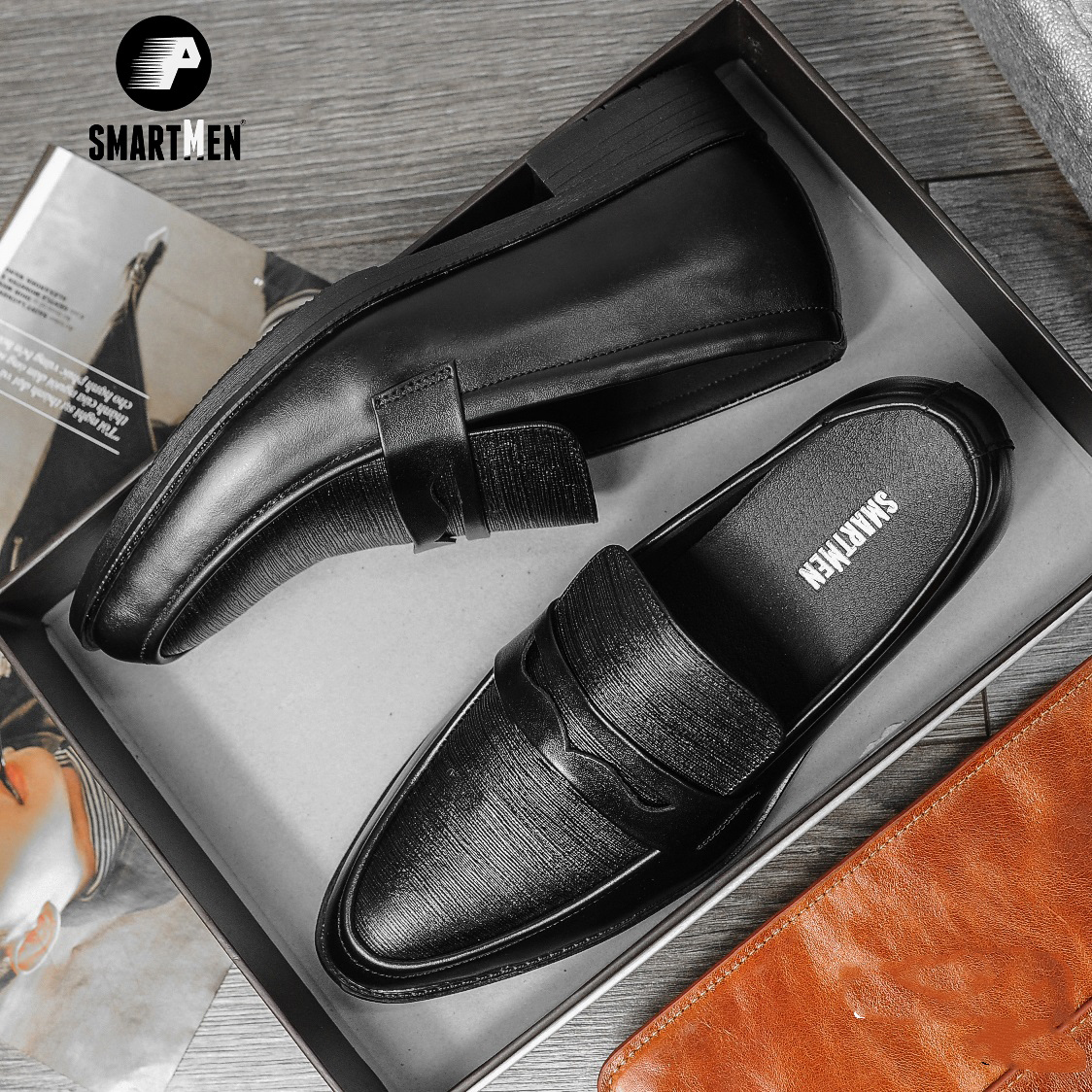 Giày lười công sở tăng chiều cao da bò SmartMen GL04 đen