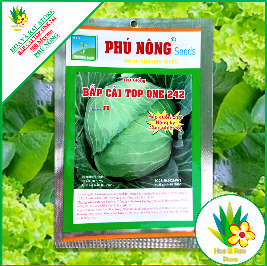 Hạt giống BẮP CẢI TOP ONE 242 - GÓI 500Mgram - Phú Nông - Hoa và Rau Store - Bắp Sú - Cải Bắp