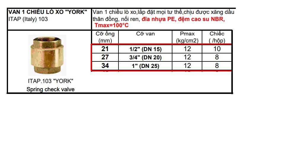Van 1 chiều lò xo York art.103 Italy phi 21 phi 27 phi 34 áp 12kg