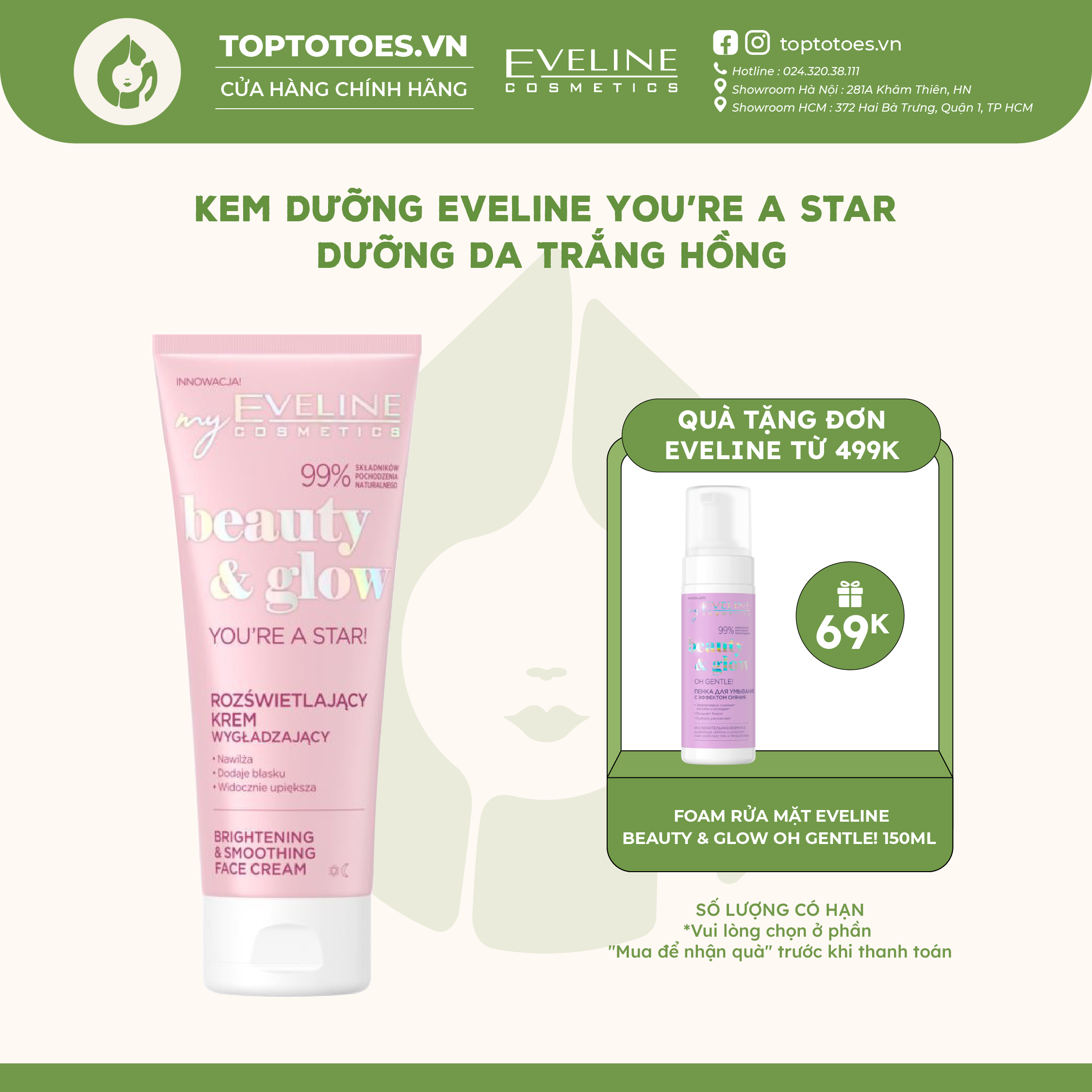 Kem dưỡng Eveline You’re a star Beauty & Glow dưỡng da trắng mịn căng bóng sáng hồng