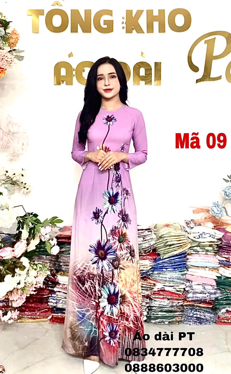 áo dài lụa truyền thống in hoa 3D siêu xinh