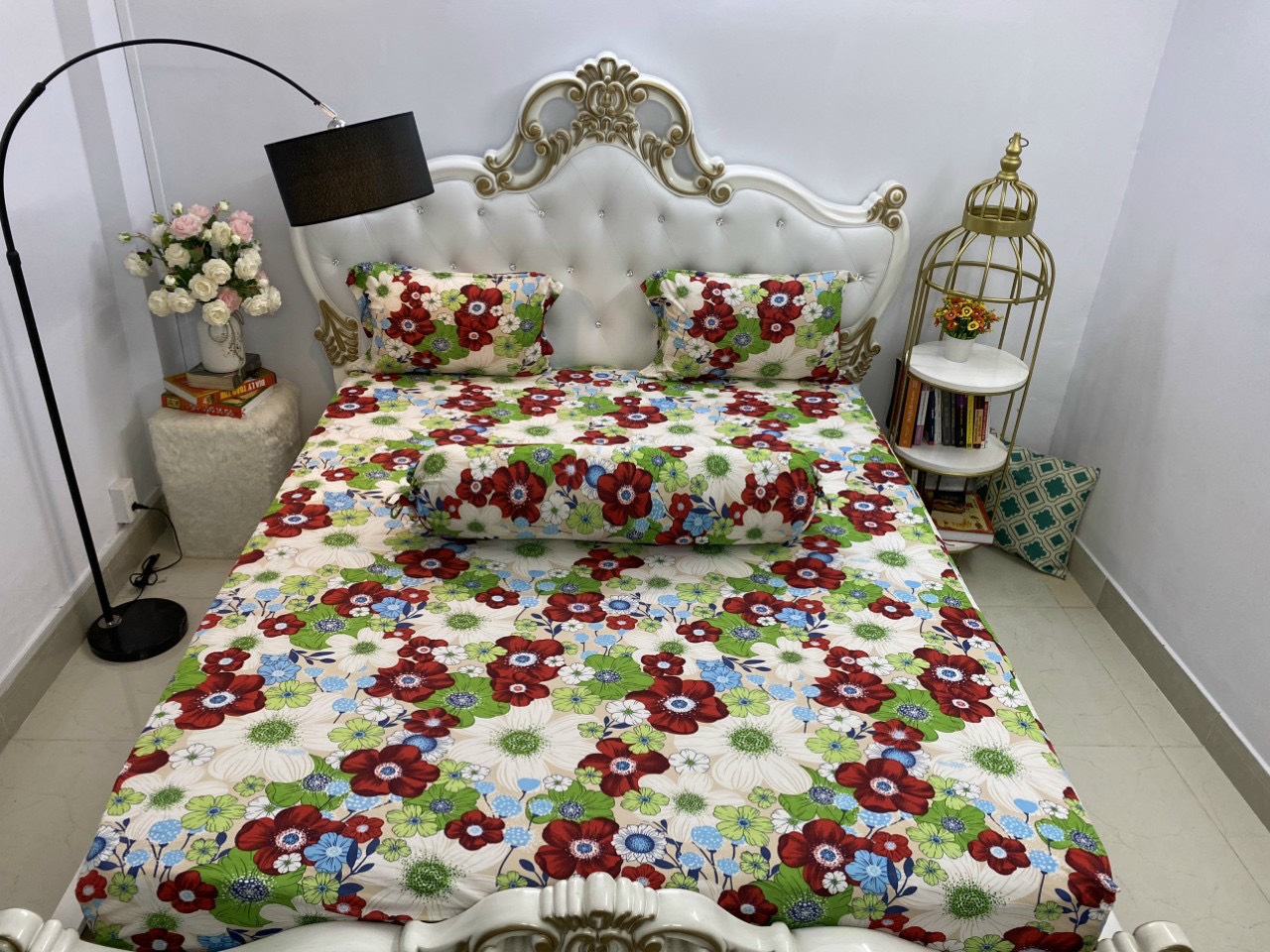 Bộ drap thun Hàn hoa mẫu đơn (1 ga, 2 áo nằm, 1 áo ôm)