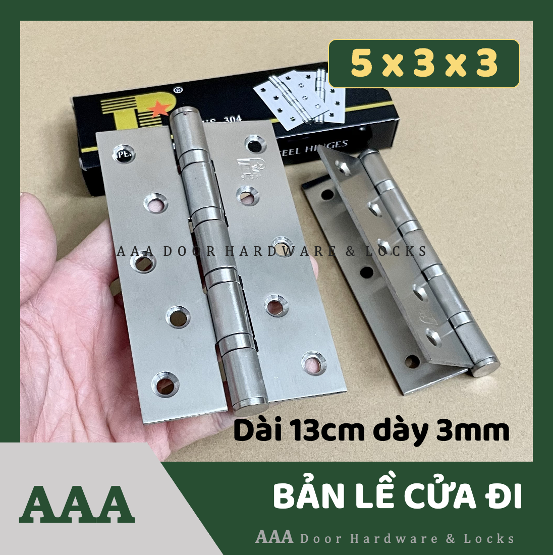Hộp 2 bản lề cửa đi lớn inox 304 dài 13cm dày 3mm tp - bộ 2 bản lề lá 1 tấc 3 dày 3ly