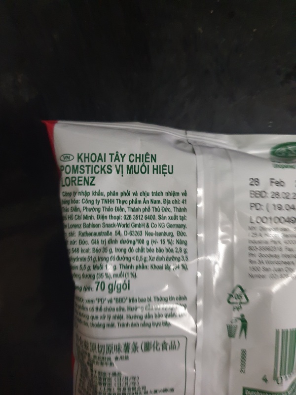 Khoai tây chiên Pomsticks vị muối hiệu Lorenz 70g nhập khẩu Đức