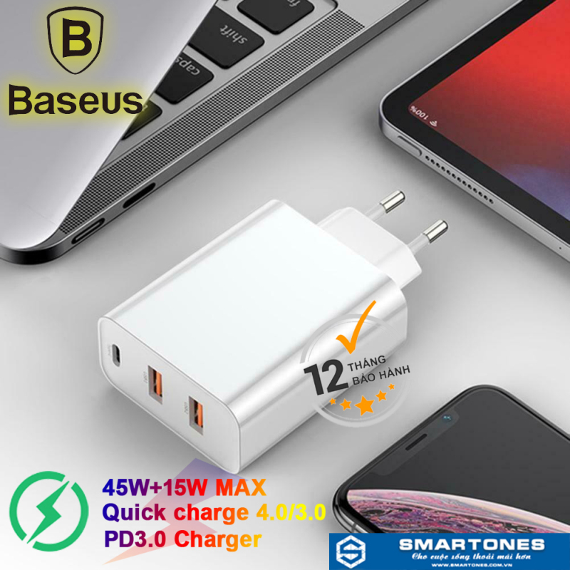 Củ sạc nhanh Baseus PSS công suất 60W , chuẩn sạc Q.C 4.0/3.0 và PD hỗ trợ sạc nhanh cho điện thoại , Laptop, Macbook...