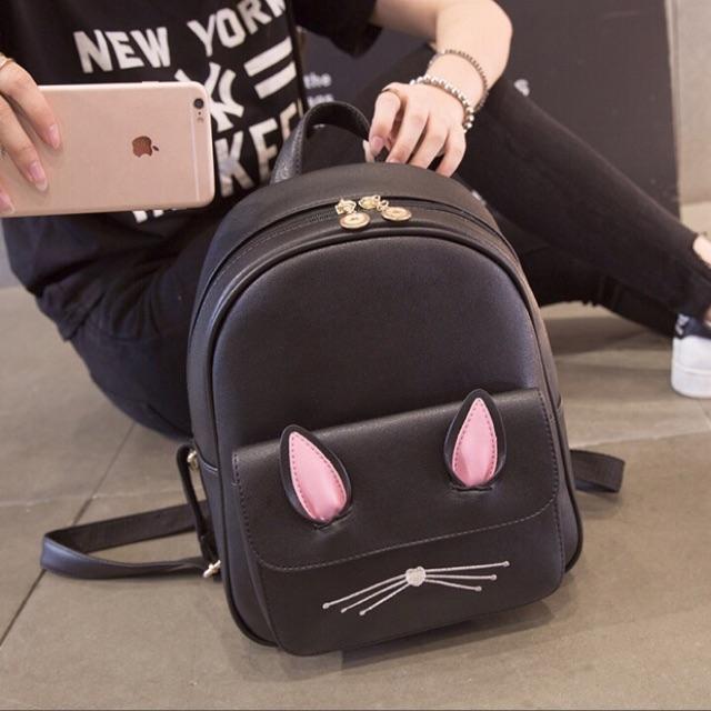[HCM]Balo Da Mèo 2 Ngăn Tai Hồng Cute (vừa A5)