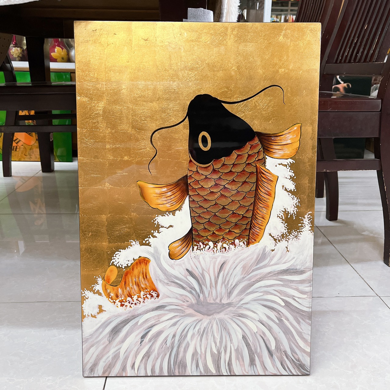 ( Tặng kèm khung) Tranh sơn mài cá chép dát vàng nhiều size cho bạn lựa chọn