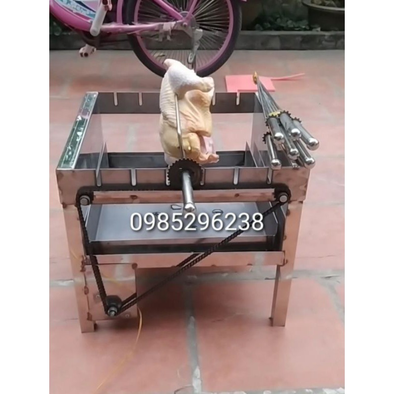 Máy nướng thịt, chả, quay gà vịt tự động bằng inox 6 xiên (6 xiên đơn + 1 xiên 3) - Bếp nướng than hoa