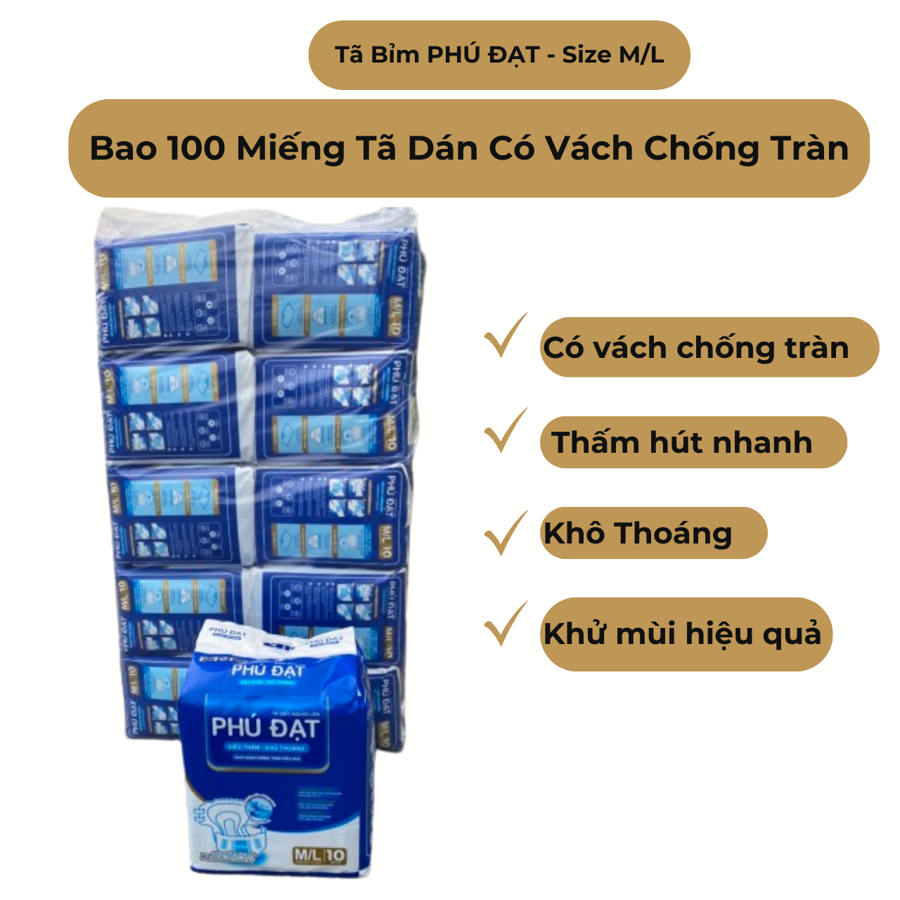 Tã bỉm trần người già size m/l phú đạt , có vách chống tràn 100 miếng