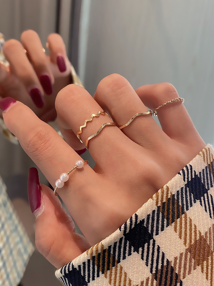 [ Free Size ] Set 5 Nhẫn Đính Ngọc Trai Phong Cách Hàn Quốc Màu Vàng Và Bạc Basic