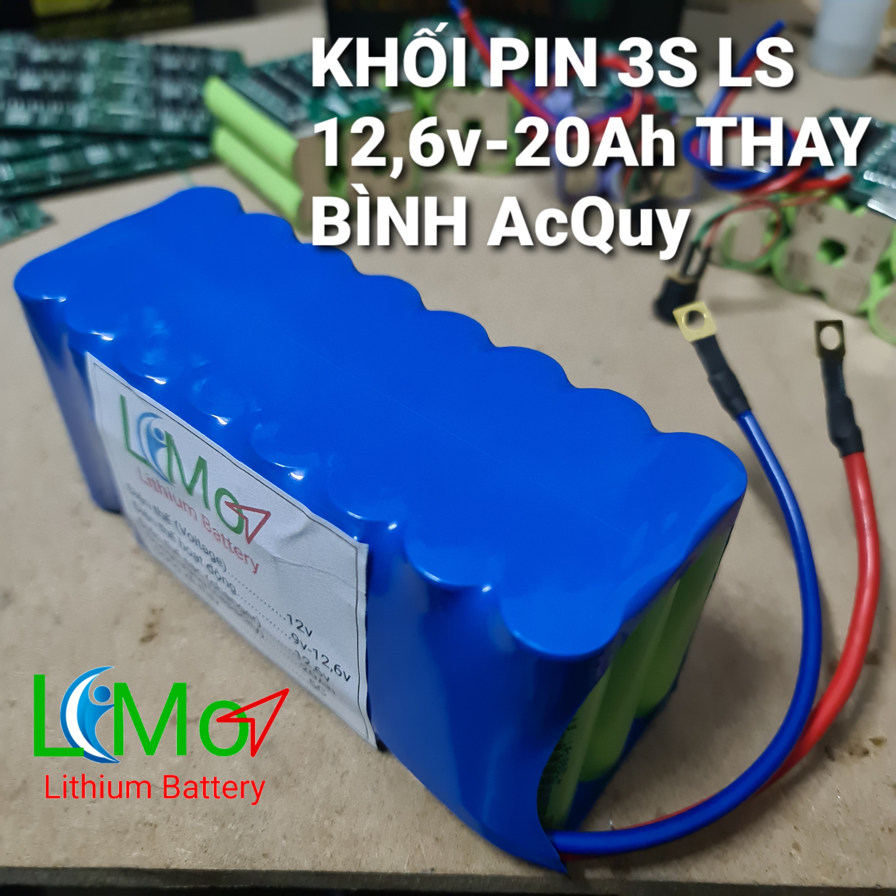 Khối pin Lithium 12,6v - 20Ah. Được đóng từ 24 viên Pin sạc 18650 Lishen + Mạch bảo vệ SẠC XẢ 3s 40A. Bình acquy Lithium 12,6v 20Ah - LiMo