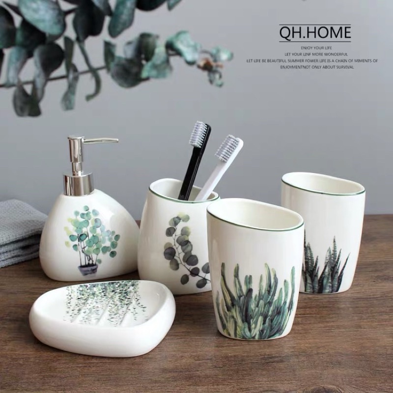 (CÓ SẴN) Bộ Đồ Dùng Nhà Tắm Gốm Sứ Cao Cấp Hình Lá
