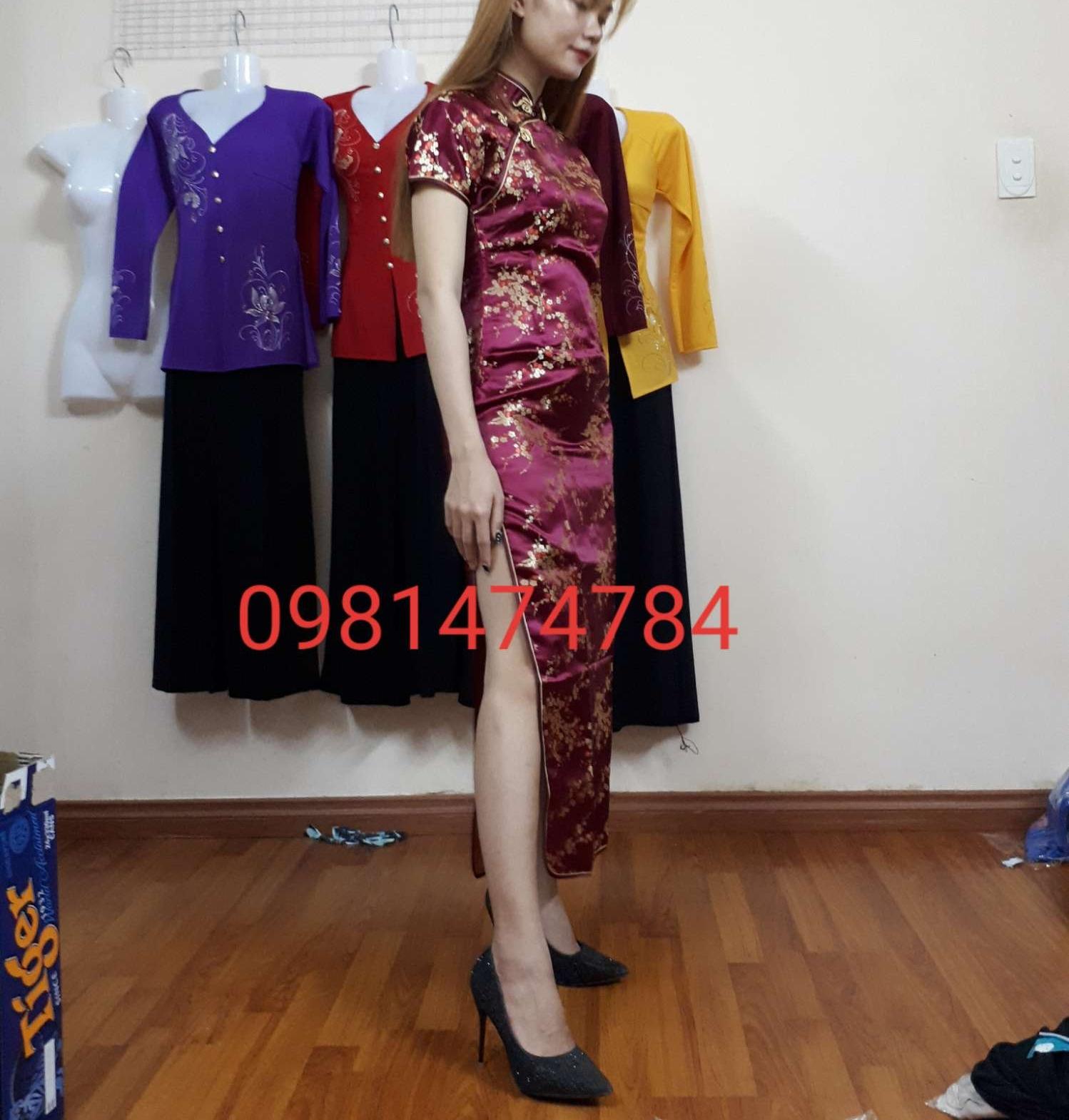 Sườn xám Dài Gấm ĐỎ Đô có hình thật