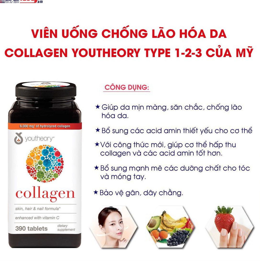 Collagen 390 viên collagen Youtheory Advanced Type 1,2&3