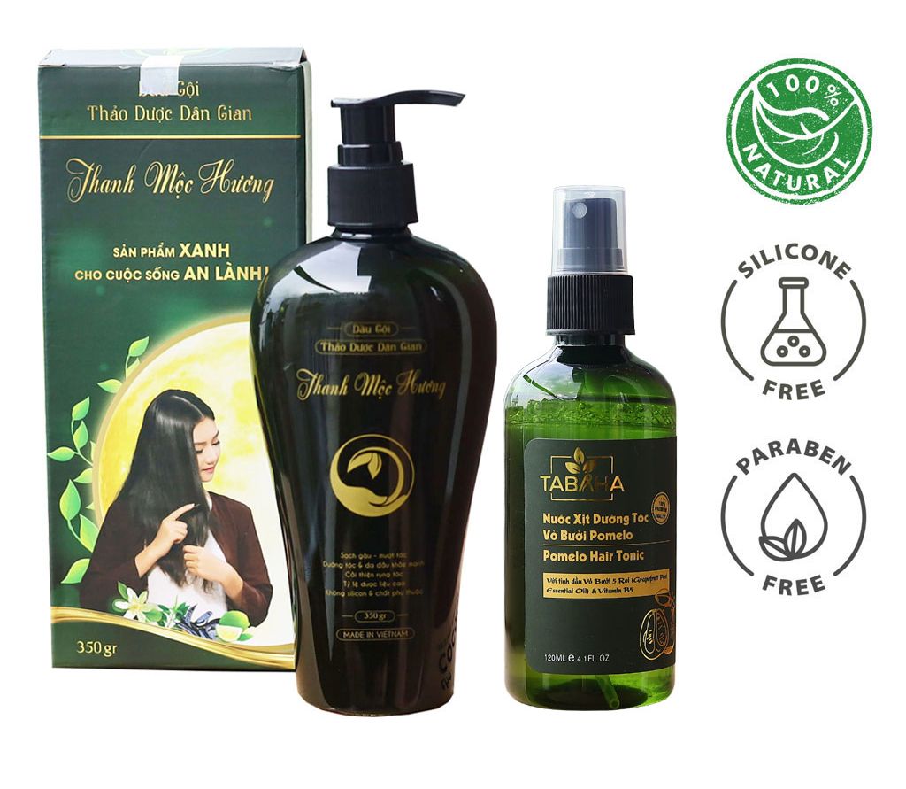 Combo Dầu gội thảo dược Thanh Mộc Hương 350ml và Xịt dưỡng tóc tinh dầu bưởi pomelo Tabaha 120ml ngăn rụng tóc