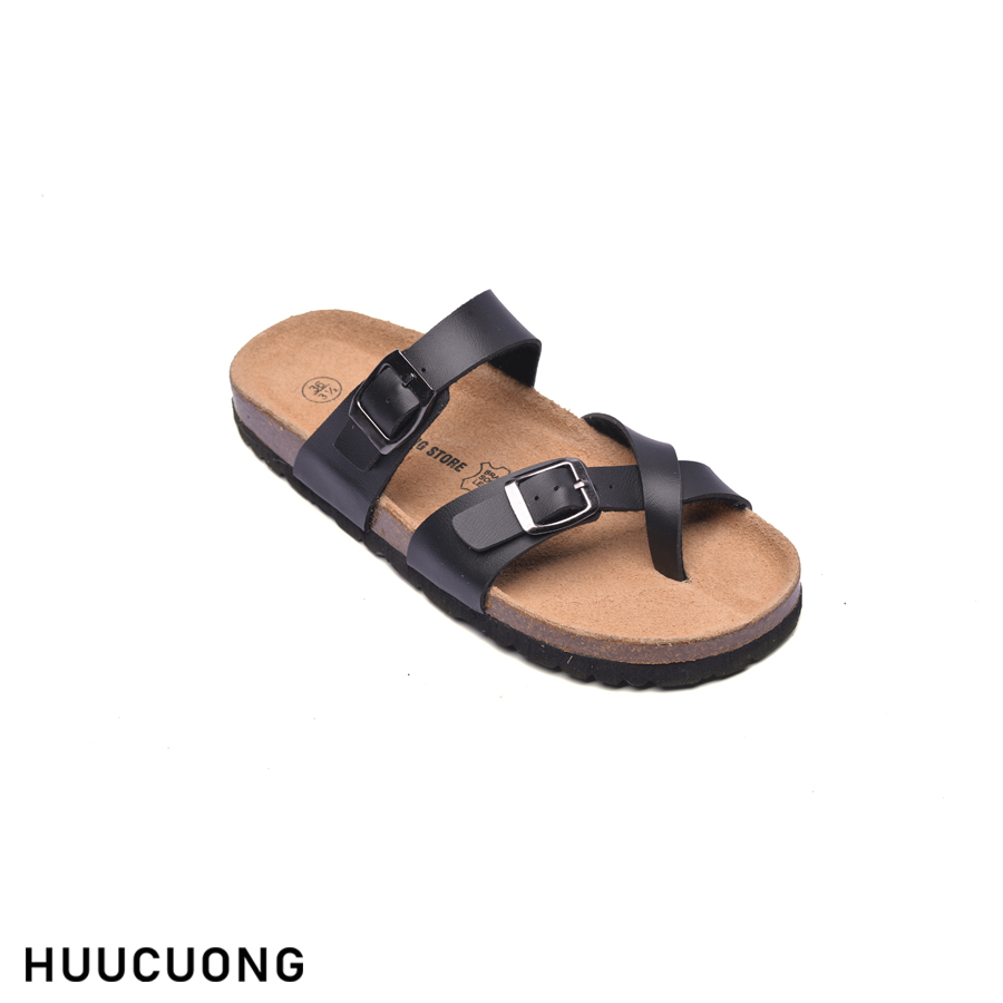 Dép nam nữ xỏ ngón đen da PU đế trấu cao cấp