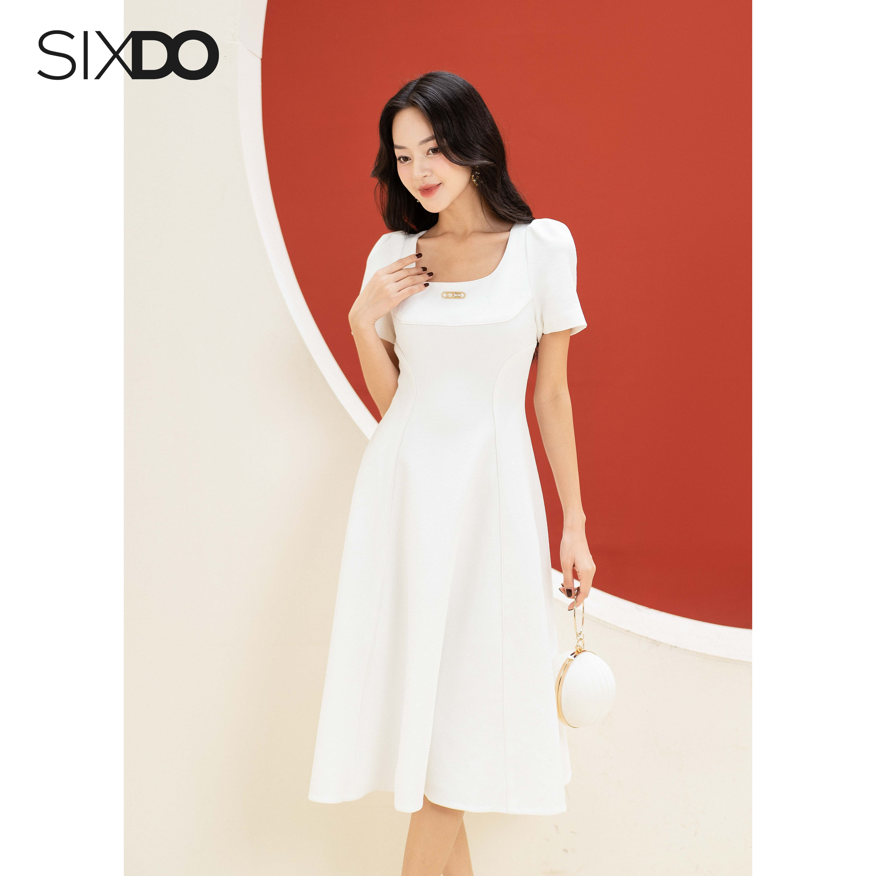 Đầm trắng cổ U dáng xòe SIXDO (White U-neckline Midi Woven Dress)