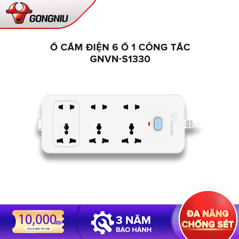Ổ cắm điện đa năng Gongniu GNVN-S1330, 6 ổ 1 công tắc, chống sét- Hàng chính hãng 100% bảo hành toàn quốc 3 năm