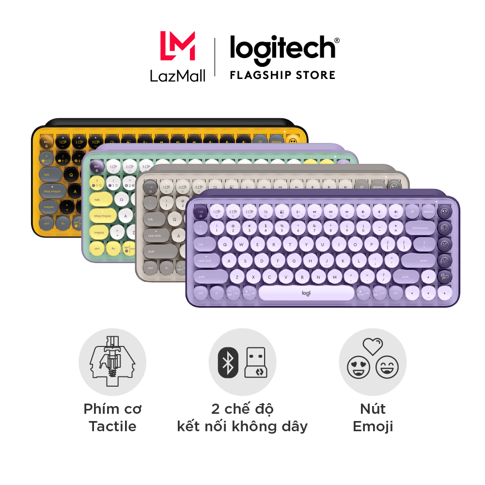 Bàn phím cơ không dây bluetooth | USB Logitech POP KEYS - với 8 phím emoji có thể điều chỉnh, switch tactile, kết nối 3 thiết bị