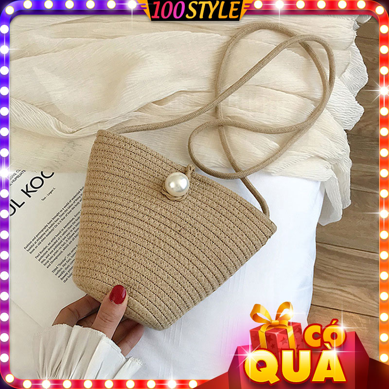 Túi cói cotton đi biển phối hạt cườm xinh - 100style