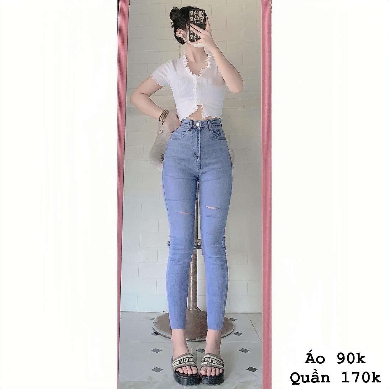 Set jeans dài co giãn rách PT + crop cuốn biên