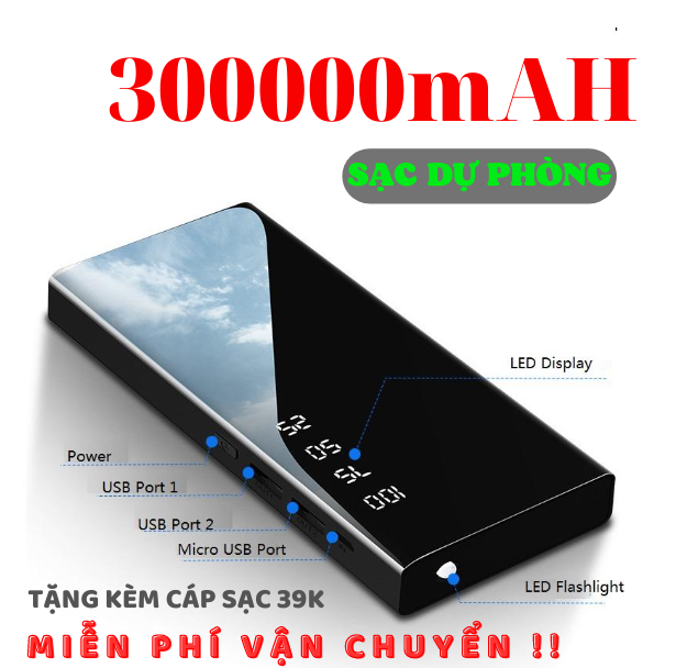 Pin sạc dự phòng mặt gương dung lượng 30000mah - cục sạc dự phòng sạc nhanh 2 cổng sạc - sạc dự phòng cao cấp giá rẻ - pin dự phòng dung lượng khủng