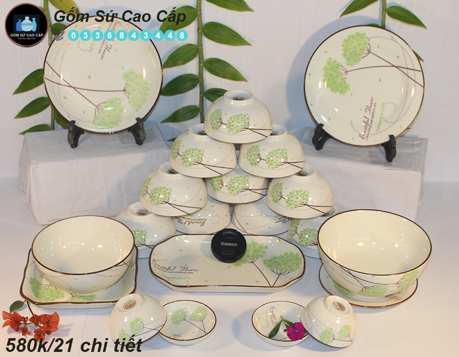 Bộ Bát Đĩa Bát Tràng [21 MÓN] - Bộ Bát đũa Cao Cấp [XUÂN XANH]