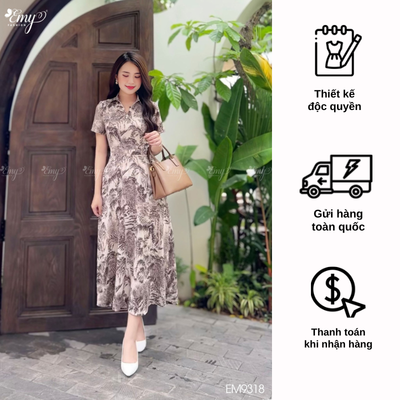 Đầm emy em9318 xoè cổ sơ mi họa tiết loang