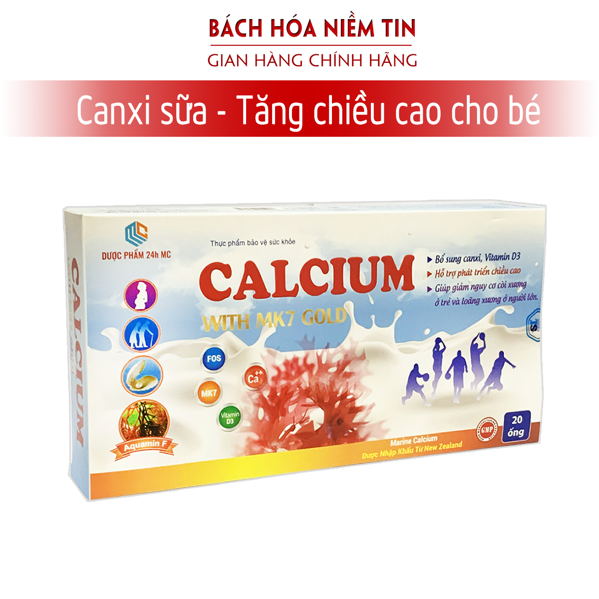 Canxi sữa tăng chiều cao cho bé CALCIUM With MK7 Gold - Canxi từ tảo biển, nhập khẩu New Zealand dùng hiệu quả cho trẻ từ 6 tháng tuổi - hộp 20 gói chuẩn GMP