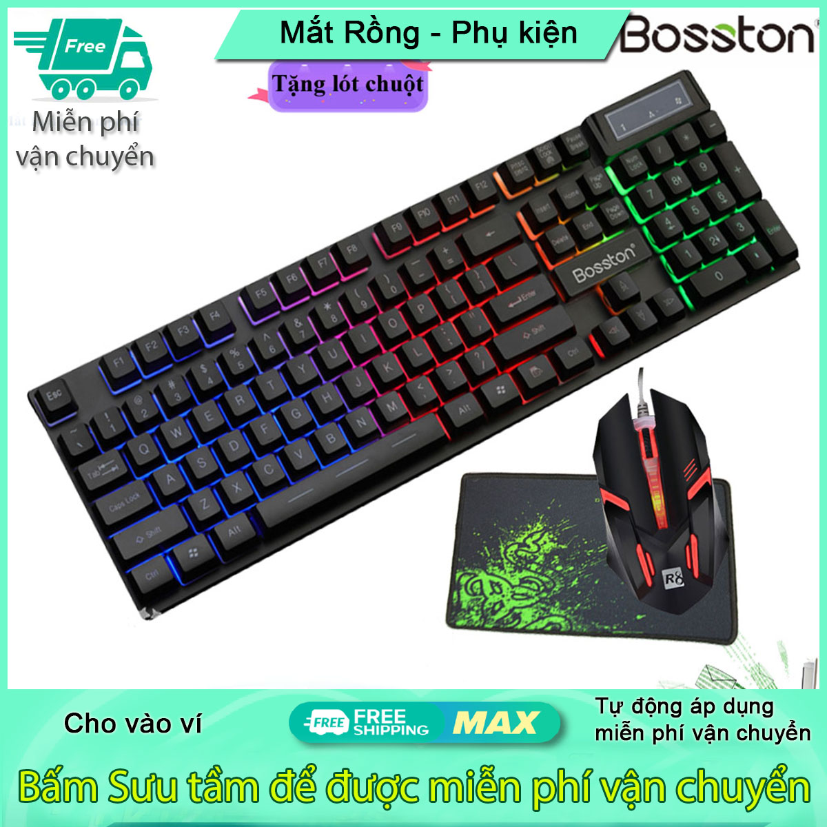 [Tặng lót chuột w3] Bộ bàn phím Bosston 803 và chuột 1602 led