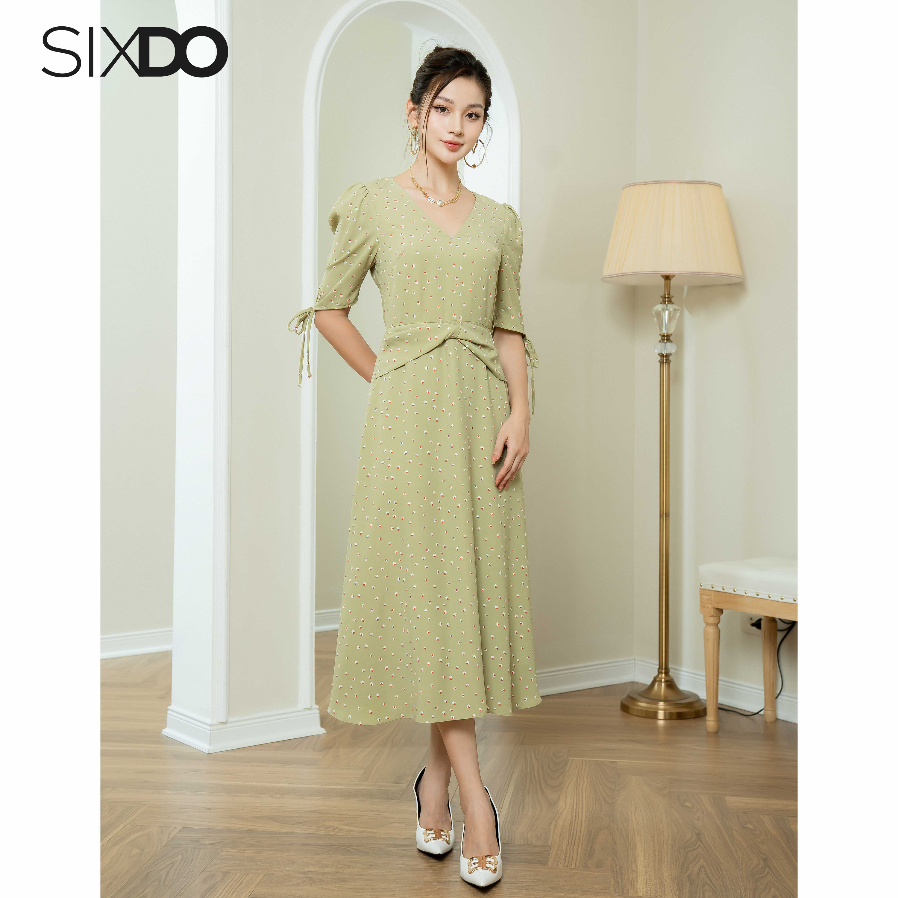 Đầm lụa cổ V tay lửng SIXDO (Light Green Nuggets Midi Silk Dress)