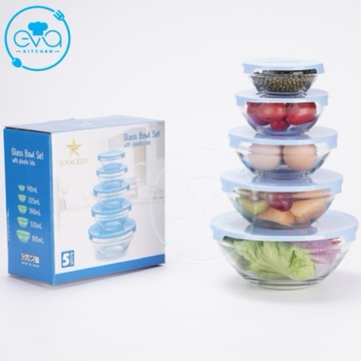 Bộ 5 Thố Thủy Tinh Glass Bowl Có Nắp Nhựa Cao Cấp M1018