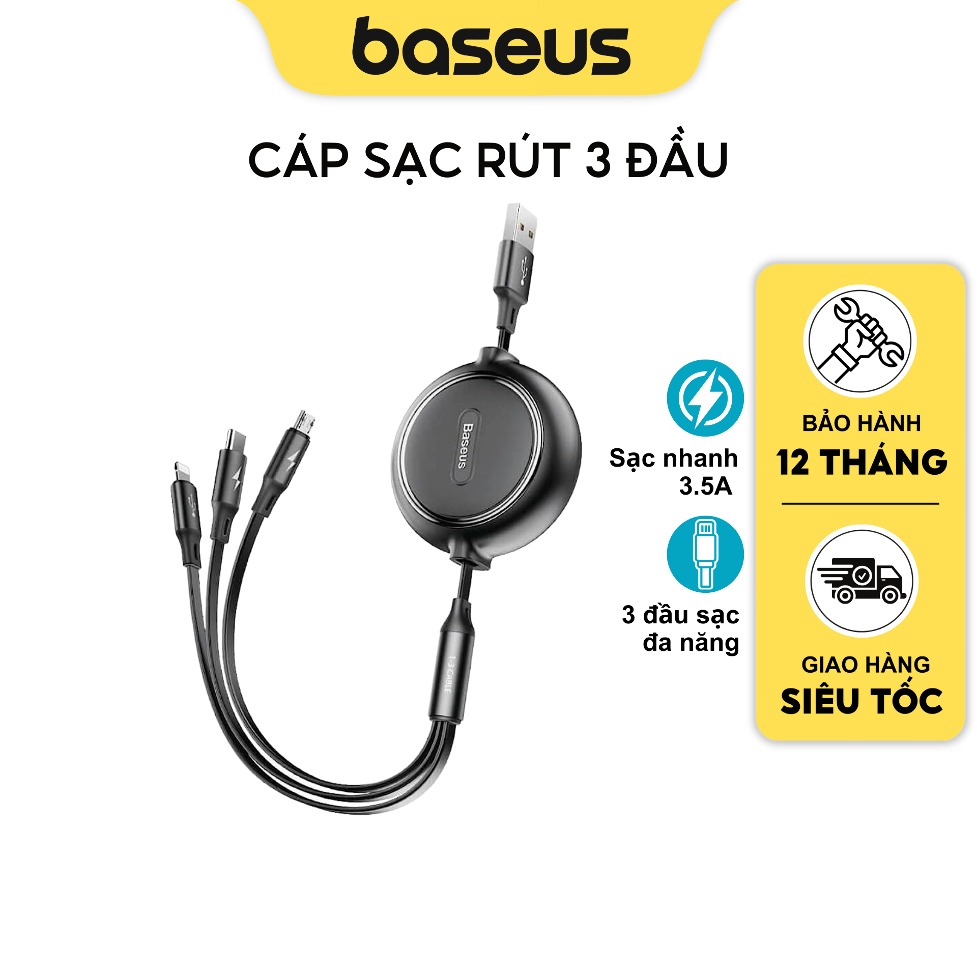 Cáp sạc dây rút 3 đầu Baseus Golden Loop 3 in 1 Elastic (3.5A, Type C/ iPhone/ Micro USB, Adjustable, Fast Charge Cable)