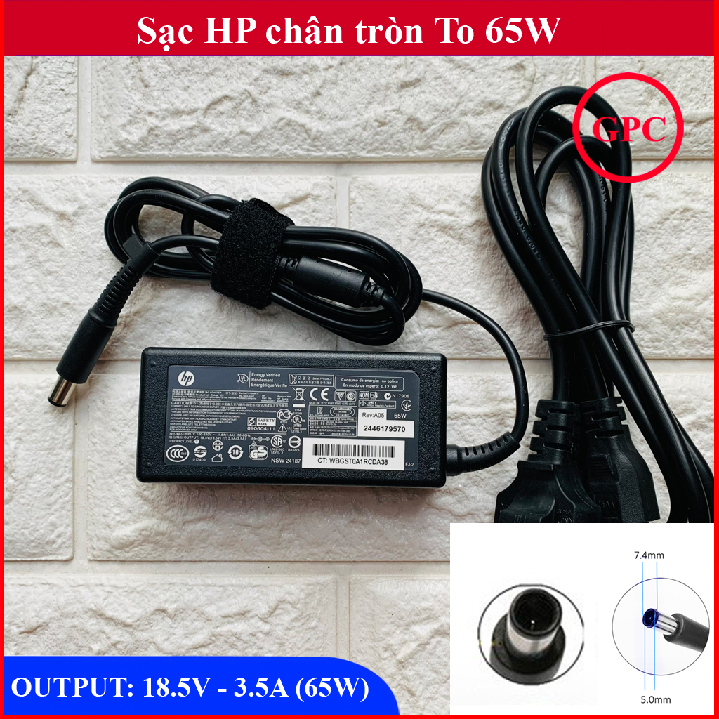 Sạc Laptop HP chân kim To   (Adapter HP chân tròn to 65W) tặng  kèm dây nguồn 